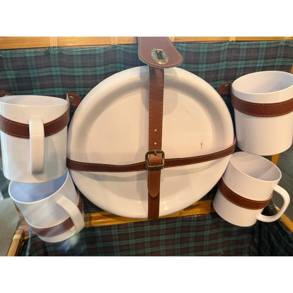 Vintage Mid-Century Woven Bamboo Picnic Basket Suitcase Plaid Lining Dining Set